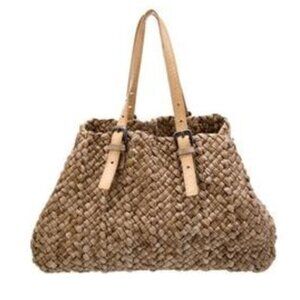 Beige Woven Leather Tote with Adjustable Belted Snakeskin Pattern Shoulder Strap